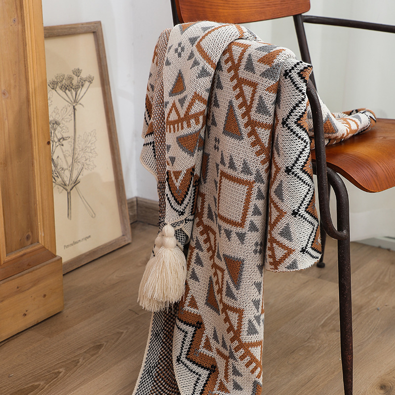 Boho вязать бросить одеяло с геометрическим ромбовидным узором и кисточками